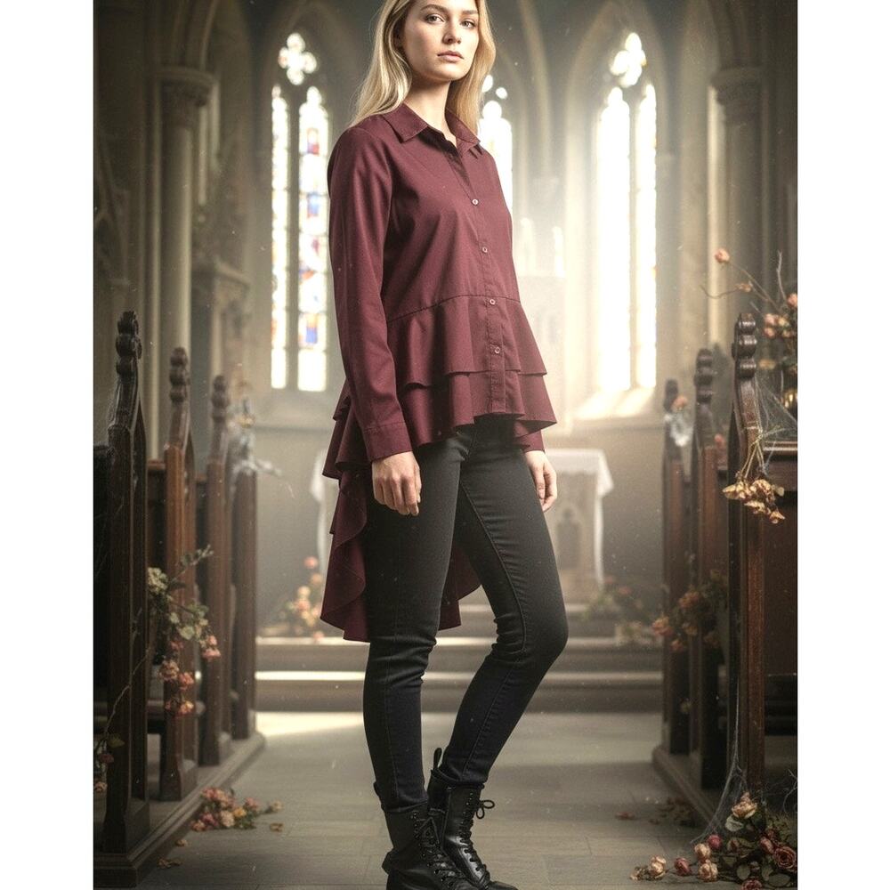 a.n.a. Blouse Burgundy Layered Tiered X long Shirttail Boho Fairy Goth SZ M